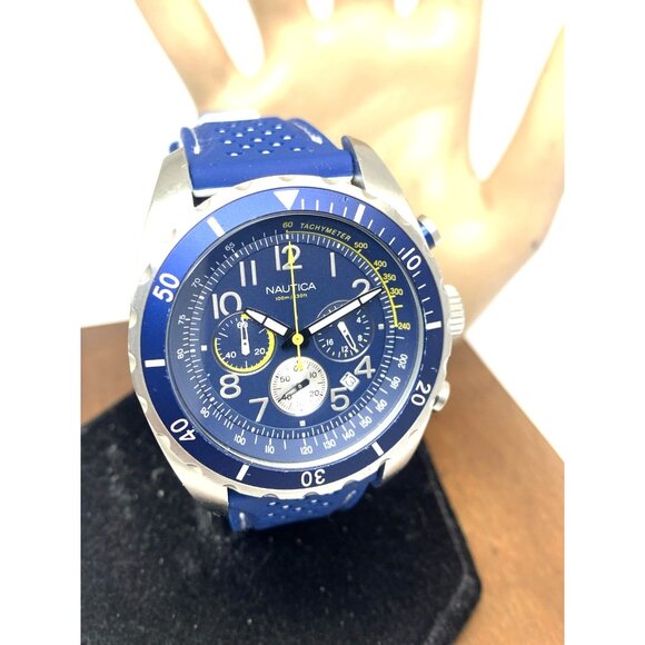 Nautica Quartz Blue Dial White Rubber Strap Men Nautica Men\'s Watch N15514 Quartz Chronograph White Blue Rubber Band 42mm
